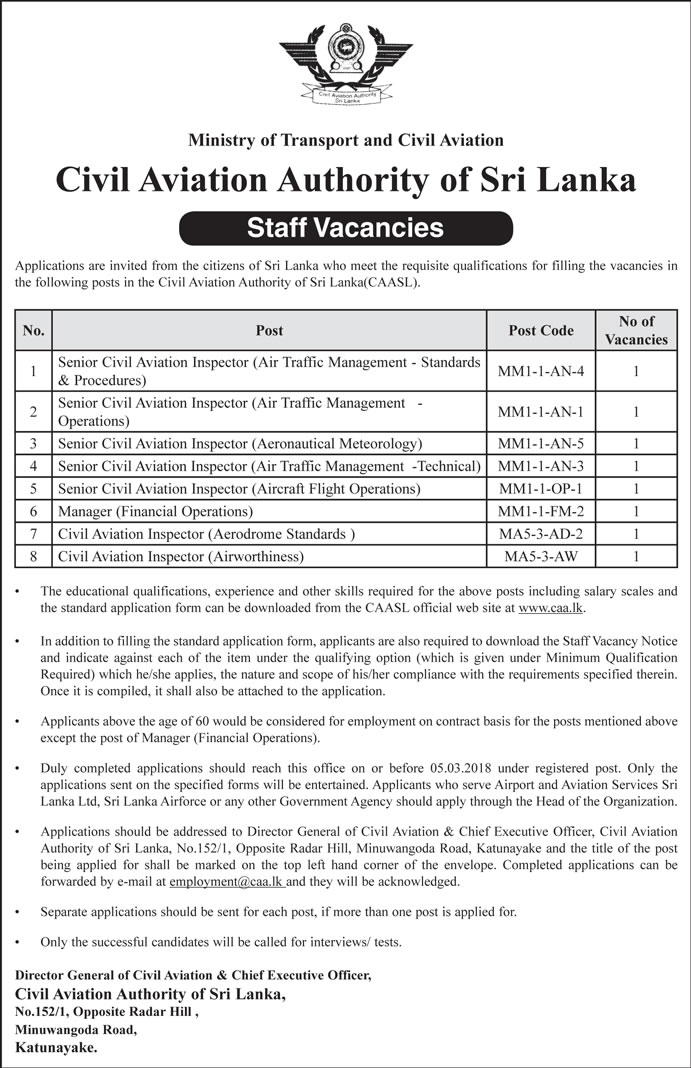 Senior Civil Aviation Inspector, Manager, Civil Aviation Inspector - Civil Aviation Authority